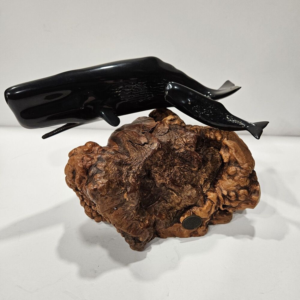 VTG Large John Perry Black Pellucida SPERM WHALE & CALF Sculpture  Burlwood Base